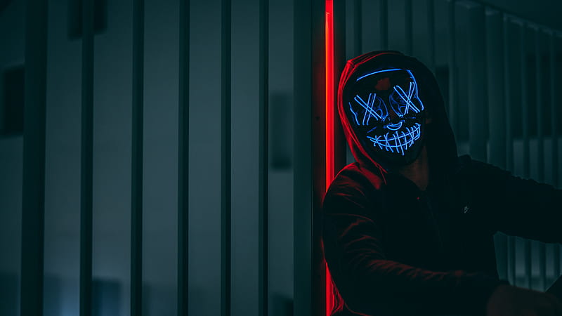 mask, hood, neon, anonymous, glow, HD wallpaper