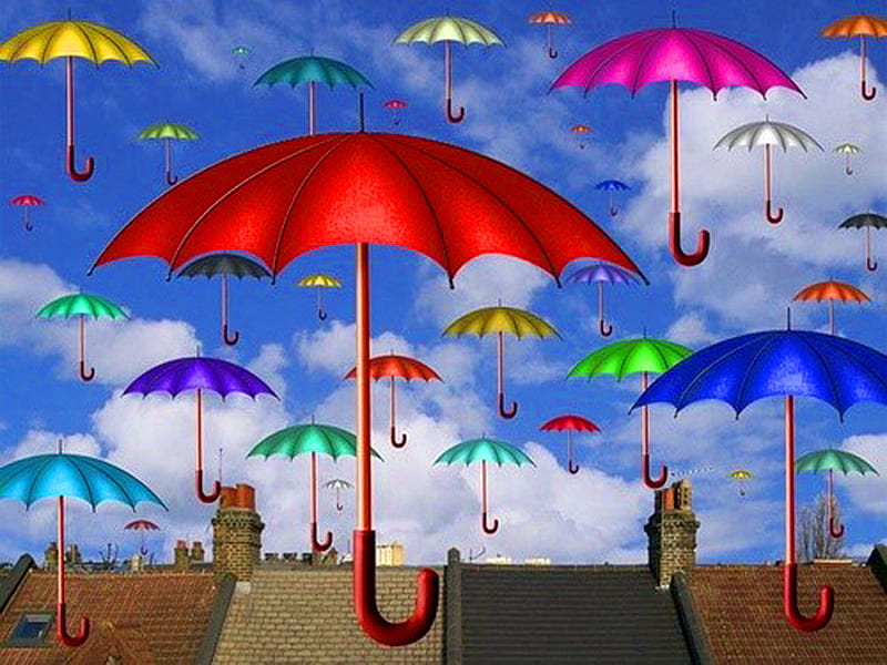 Rainy days will come, umbrellas, red, colors, rooftops, yellow, floating, clouds, green, blue sky, pink, blue, HD wallpaper