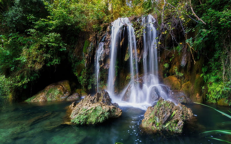 waterfall, lake, jungle, rainforest, beautiful nature, freshness concepts, HD wallpaper