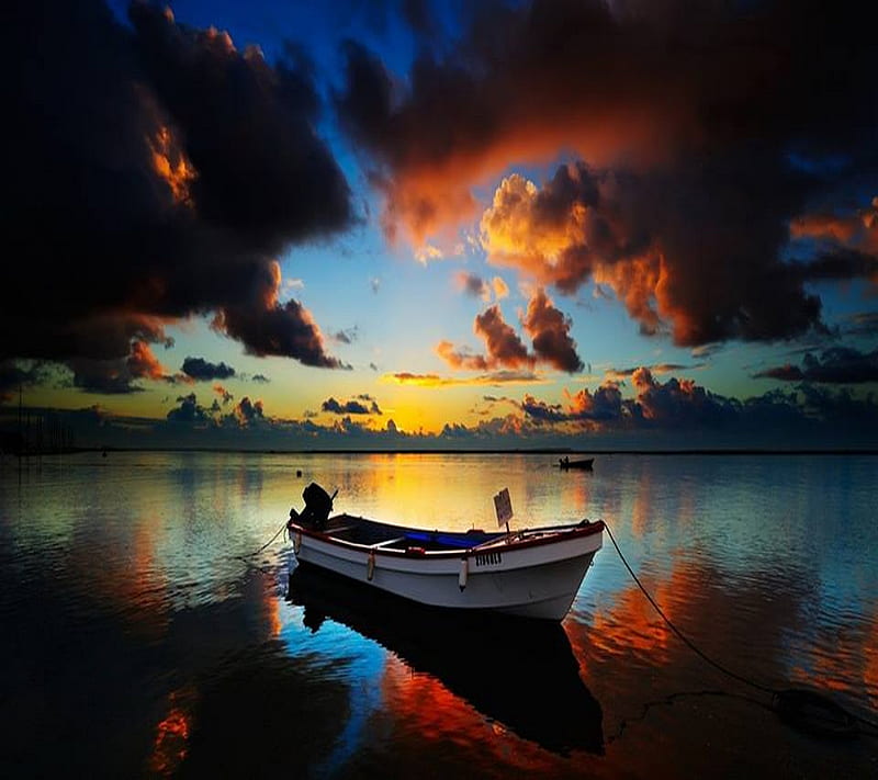 Boat, amazing, clouds, nature, sea, sky, sunset, view, wooden, HD wallpaper