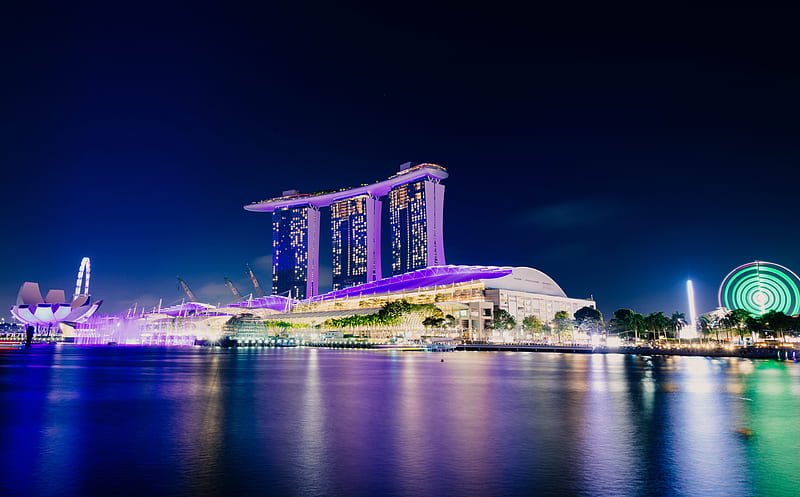 Marina Bay Sands Singapore iconic hotel Ultra, Asia, Singapore, Lights, City, Travel, Colorful, Purple, Night, Modern, background, Architecture, Urban, Holiday, Luxury, skyscraper, Hotel, Vacation, luxurious, tourism, aesthetic, destinations, marinabay, HD wallpaper