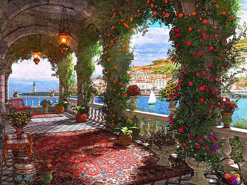 Mediterranean Veranda, fence, house, painting, roses, sea, landscape, HD wallpaper