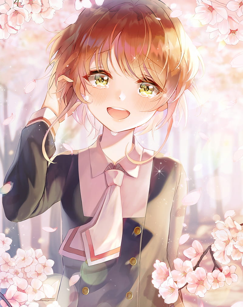 kinomoto sakura, cardcaptor sakura, big smile, cherry blossom, school uniform, Anime, HD phone wallpaper