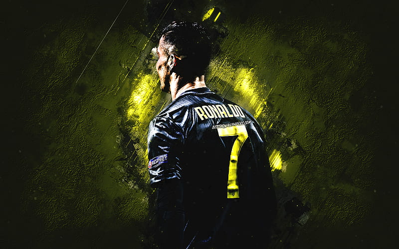 Cristiano Ronaldo, Portuguese soccer player, Juventus FC, black uniform, CR7, football star, Serie A, Italy, football, yellow stone background, HD wallpaper