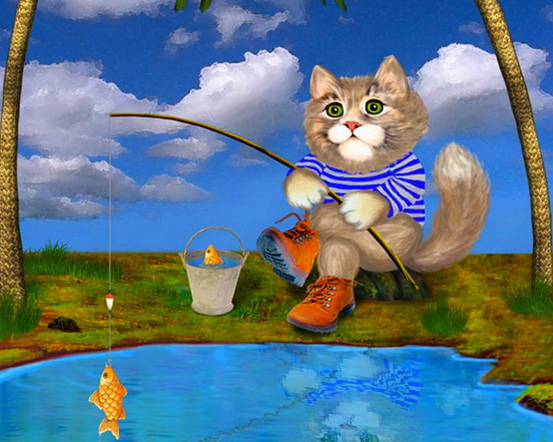 Fishing, art, cat, fish, HD wallpaper Fishing, art, cat, fish, HD wallpaper