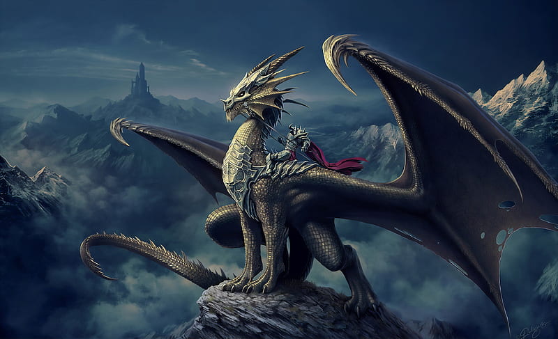 Dragon Rider Mountains, dragon, artist, artwork, digital-art, HD wallpaper