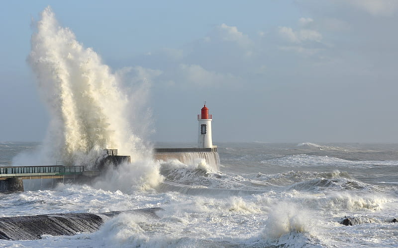 Lighthouse by Ocean in France, France, wave, lighthouse, ocean, HD ...