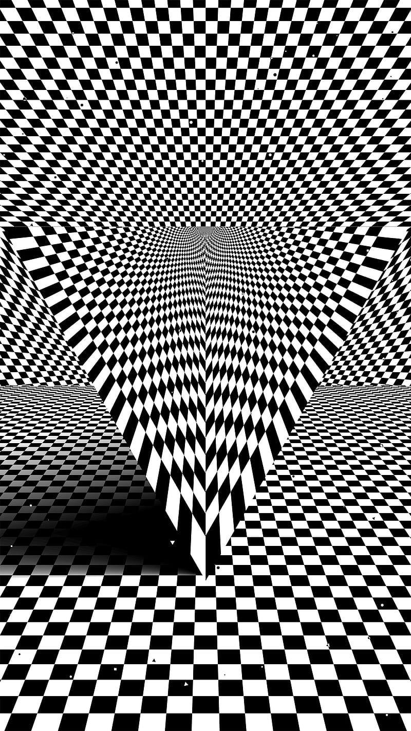 Checkered triangle, black-white, geometric, horizont, hypnotic, illusion, kinetic, optical-illusion, rays, HD phone wallpaper