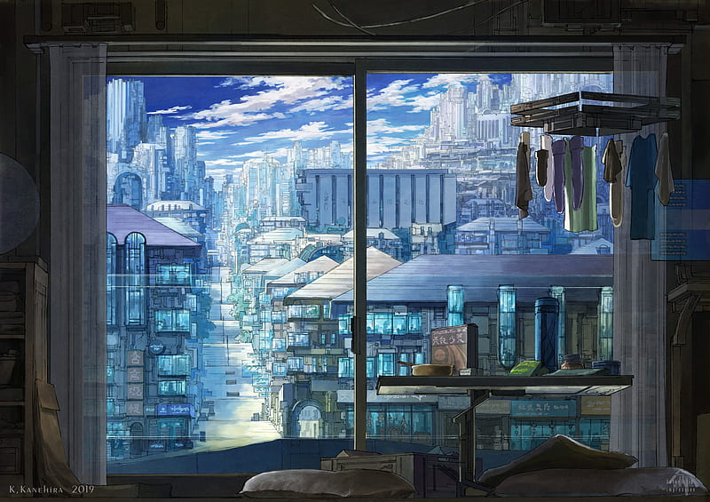 anime cityscape, scenery, window, room, futuristic, Anime, HD wallpaper