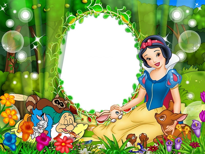 Snow White, red, deer, card, animal, bokeh, fantasy, green, bubbles, disney, blue, raccoon, tale, girl, flower, dwarf, white, princess, HD wallpaper