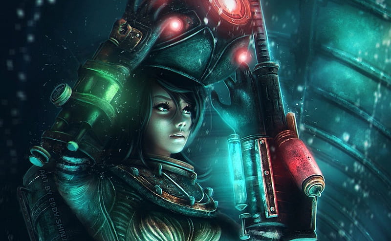 Elizabeth, red, game, bioshock infinite, woman, lights, fantasy, gun, girl, green, eilzabeth, HD wallpaper