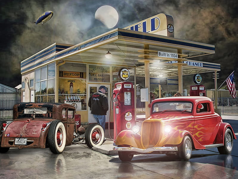 Moonlight Cruisers, red, carros, moon, hot rod, cruising, painting, gas station, HD wallpaper