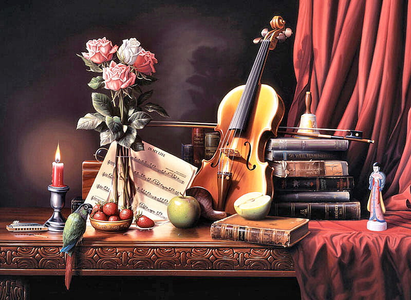 Distinction F5Cmp, candle, art, violin, music, apples, book, parrot, bell, roses, artwork, fruit, still life, painting, strawberries, HD wallpaper