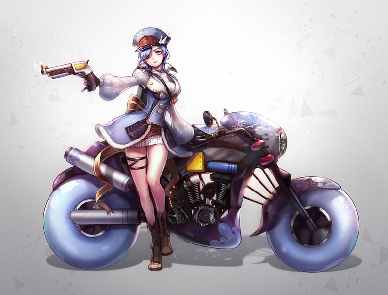 New Motorcycle Concept, pretty beautiful, wheels, motorcycle, sweet, nice, gun, anime, hot, beauty, bike, anime girl, weapon, pistol, female, lovely, sexy, plain, cute, girl, simple, HD wallpaper