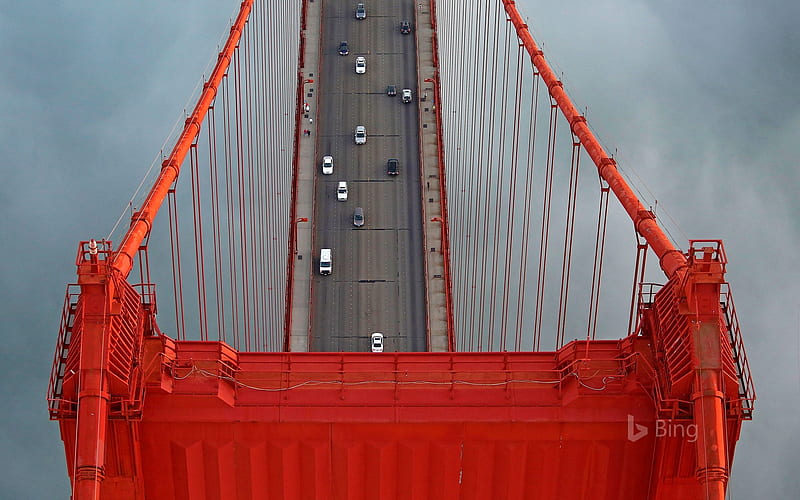 Birds Eye View, altitude, water, steel, road, fog, red, USA, suspension, carros, San Francisco, HD wallpaper