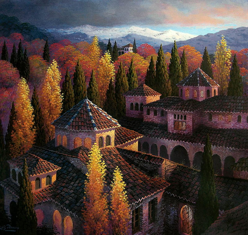Luis Romero - Otono en la Alhambra, art, autumn, luis romero, painting, village, spain, HD wallpaper