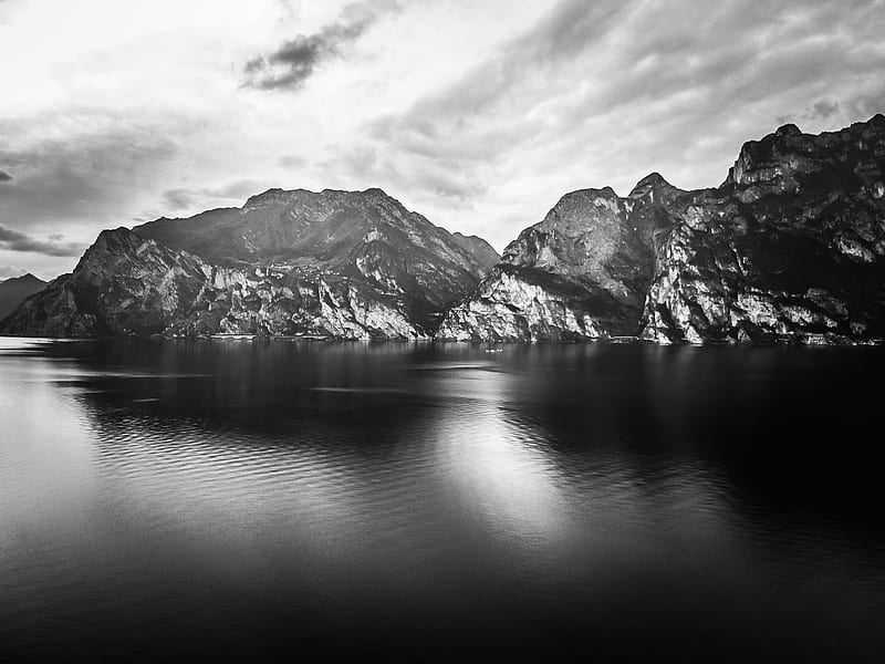 Garda Lake, black and white, breath, climbing, clouds, dolomites, drone, erosion, europe, fresh air, from air, hiking, holiday, italy, lake, lakescape, landscape, mountains, nature, outdoor, oxygen, part of the planet, graphy, sky, swim, torbole, travel, vultursebastian, water, HD wallpaper