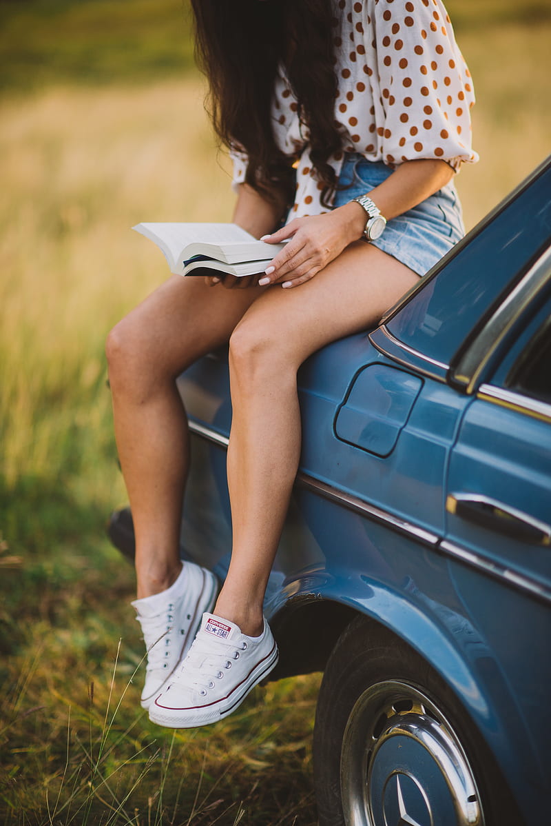 girl, book, sneakers, reading, car, HD phone wallpaper
