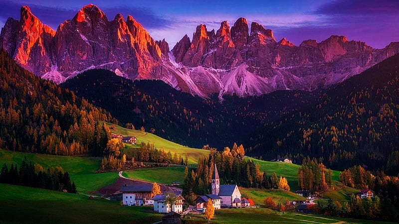 Santa Maddalena, Dolomites, Italy, houses, peaks, village, sunset, evening, church, landscape, valley, HD wallpaper