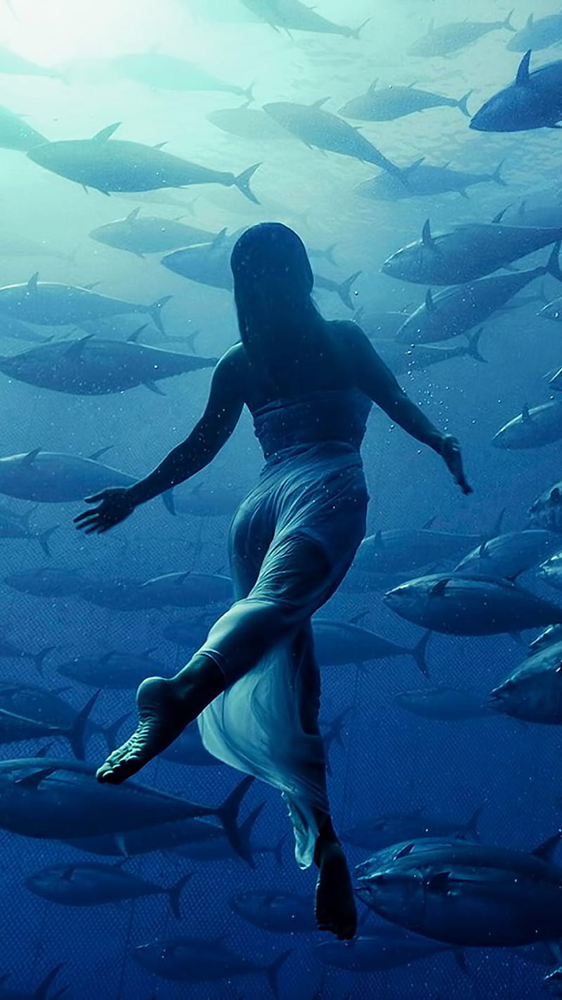 ocean deep, blue, female, fish, girl, sea, HD phone wallpaper