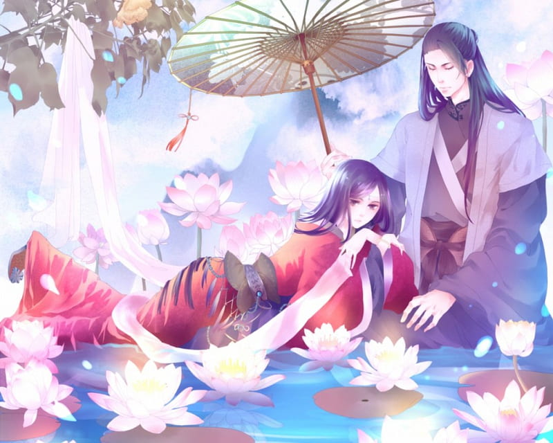 Lotus Pond, pretty, umbrella, adorable, magic, women, sweet, floral, love, anime, flowers, beauty, anime girl, long hair, lovely, romance, ribbon, amour, cute, water, oriental, lover, chinese, maiden, lotus, dress, divine, adore, bonito, sublime, woman, blossom, hot, couple, gorgeous, female, romantic, exquisite, water lily, kawaii, girl, flower, precious, magical, lady, angelic, HD wallpaper