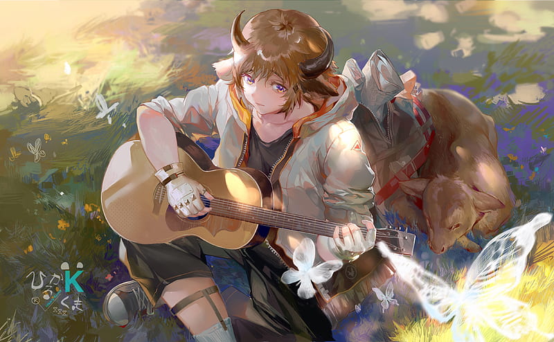 bison, arknights, anime boy, cow, guitar, instrument, Anime, HD wallpaper