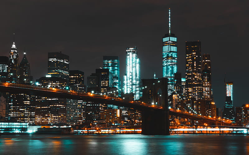 Brooklyn Bridge NYC, nightscapes, New York, USA, american cities, Brooklyn Bridge at night, New York City, Cities of New York, America, HD wallpaper