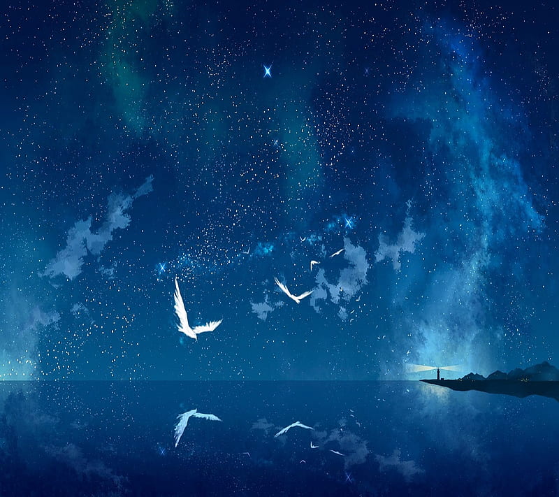 Starry Ocean, birds, blue, lighthouse, night, seagulls, sky, stars, HD wallpaper