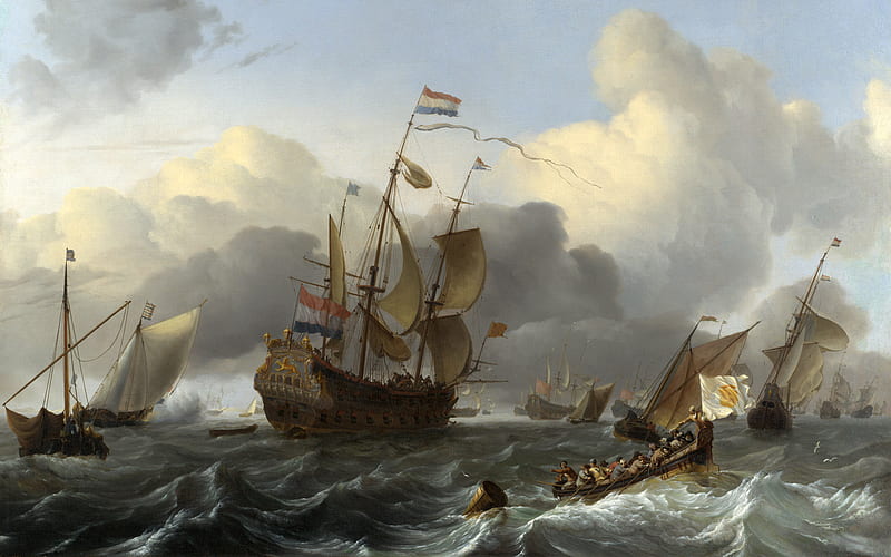 Dutch Fleet 'De Eendracht', dutch, military, fleet, sialing ships, waves, clouds, HD wallpaper