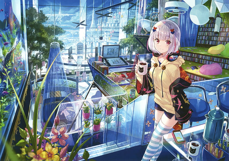 anime girl, futuristic city, computer, short hair, coffee, Anime, HD wallpaper