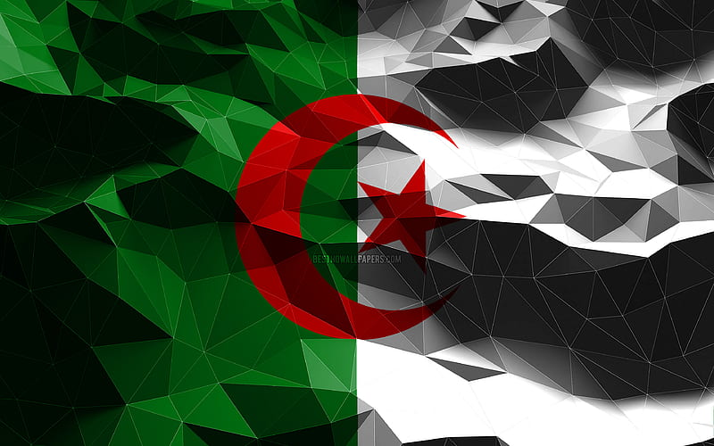Algerian flag, low poly art, African countries, national symbols, Flag of Algeria, 3D flags, Algeria, Africa, Algeria 3D flag, Algeria flag, HD wallpaper