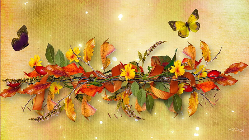 Leaves Twigs and Flowers, stars, fall, autumn, glow, sticks, grass, ribbon, firefox persona, butterflies, lights, twigs, leaves, butterfly, berries, swag, HD wallpaper