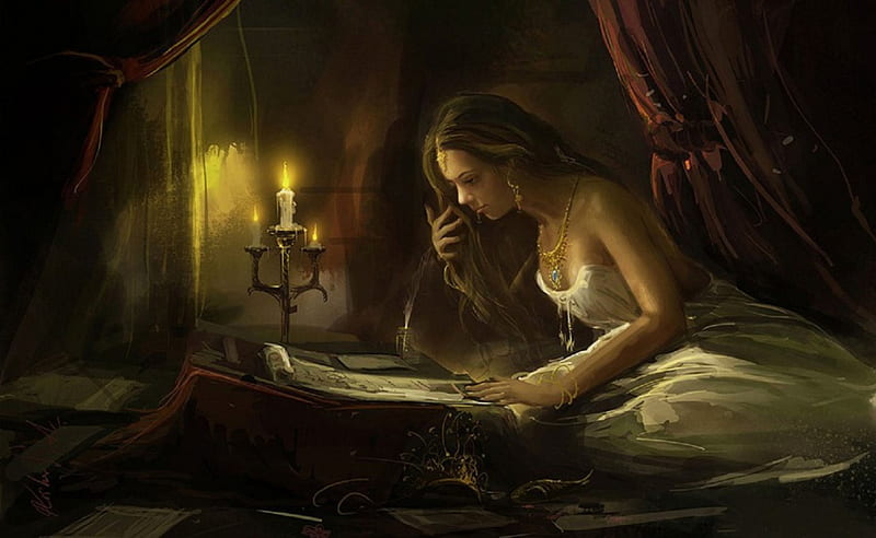 Reading Girl, candle, art, book, bonito, woman, fantasy, reading, girl, serene, digital, HD wallpaper