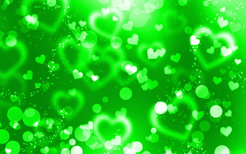 green glare hearts green glitter background, creative, love concepts, abstract hearts, green hearts, HD wallpaper