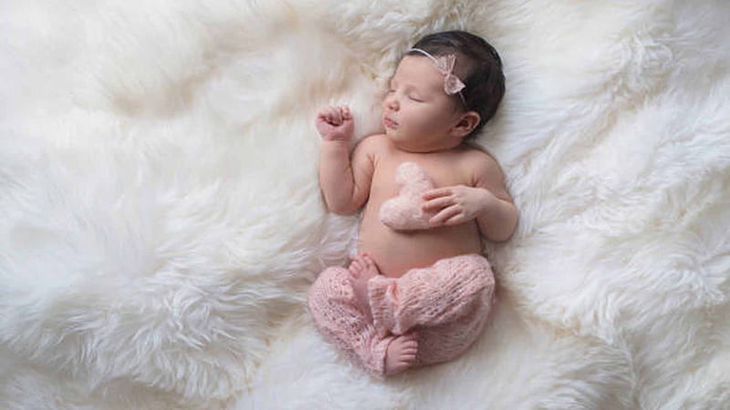 Cute Baby Child Is Sleeping On White Fur Cloth Wearing Light Peach Woolen Knitted Dress Cute, HD wallpaper