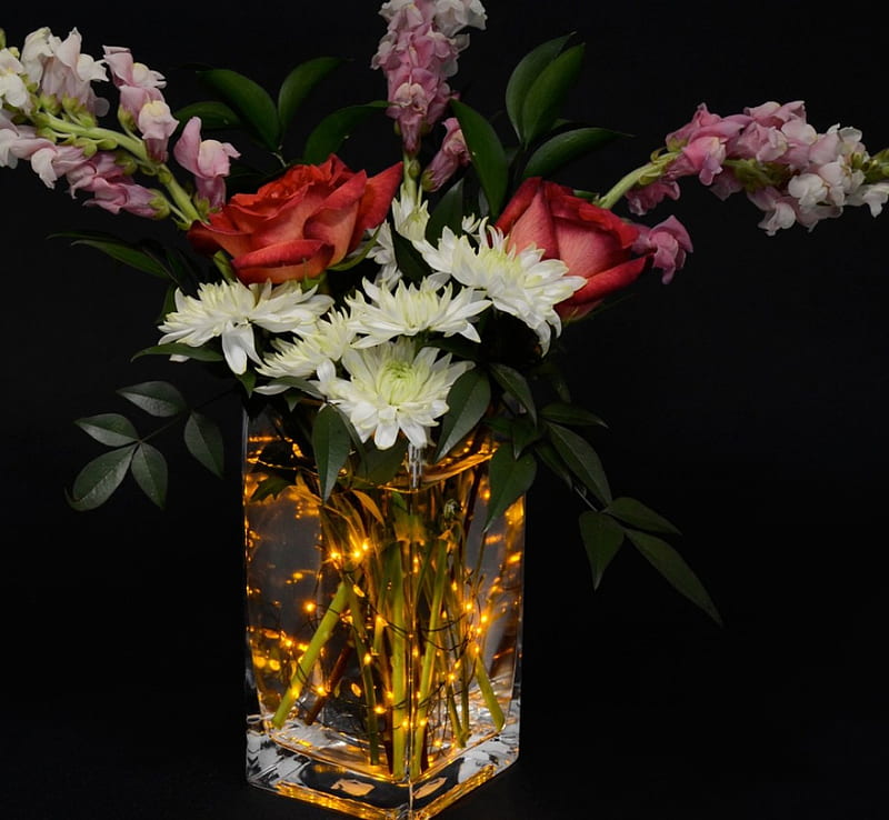 Luminous flower arrangement, decoration, background, black, vase, hq, floral, lights, led, flower, arrangement, lovely flowers, HD wallpaper
