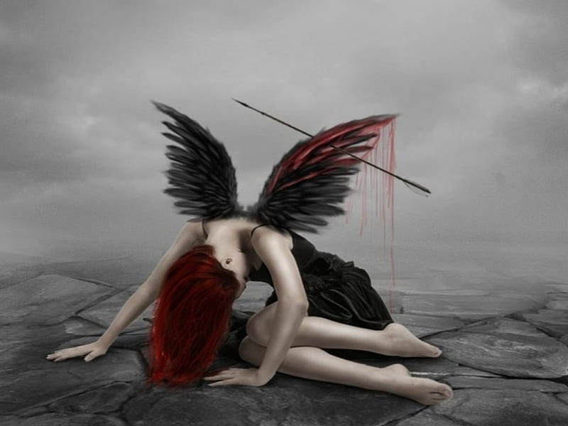 broken wing, sad, redhead, angel, dark, HD wallpaper