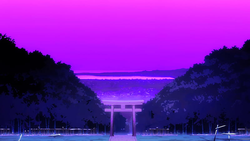 Anime, Landscape, Gate, Night, Purple, Torii, HD wallpaper
