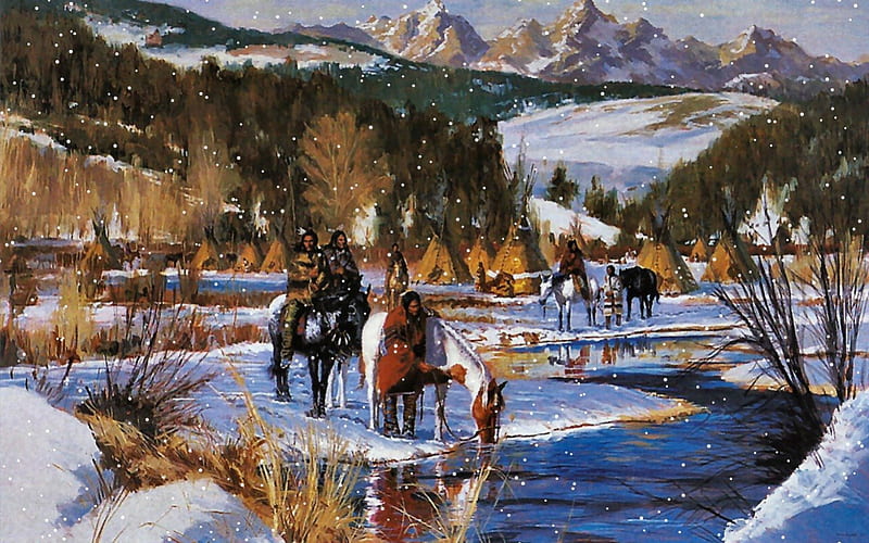 Winter Camp F2, art, encampment, horses, winter, water, painting, wide screen, Native American, river, portrait, scenery, landscape, HD wallpaper