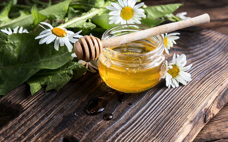 flower honey, chamomile, honey in a jar, wooden stick for honey, honey concepts, sweets, honey, HD wallpaper