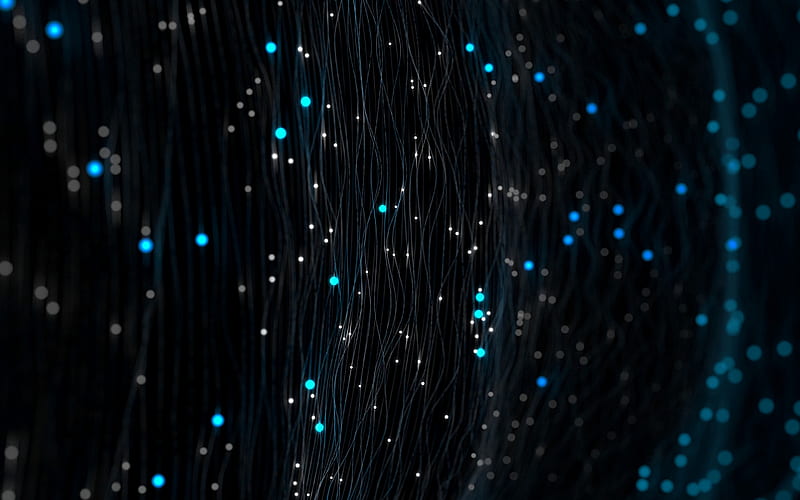 technology texture, neon threads texture, threads background, black background with threads, bokeh, blue neon light, HD wallpaper