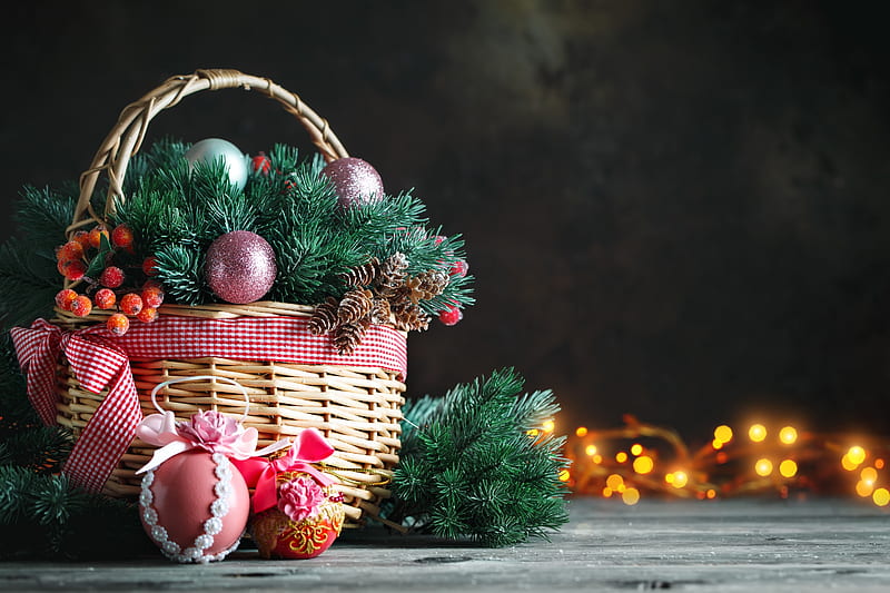 Christmas basket, Toys, Lights, Basket, Decoration, New Year, Garland, HD wallpaper