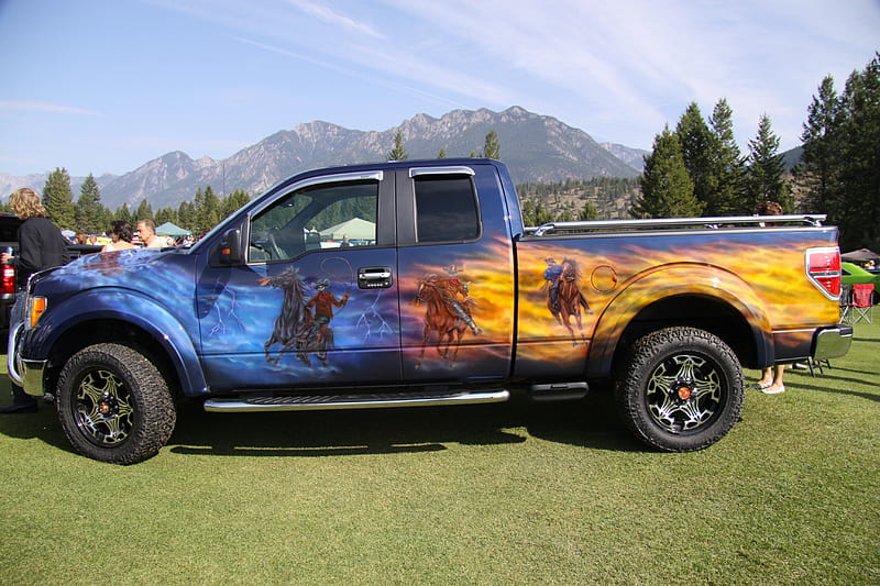 2012 Ford truck F 150, red, grass, yellow, clouds, graphy, green, ford, tires, light, blue, black, desenho, sky, trees, mountains, truck, white, HD wallpaper