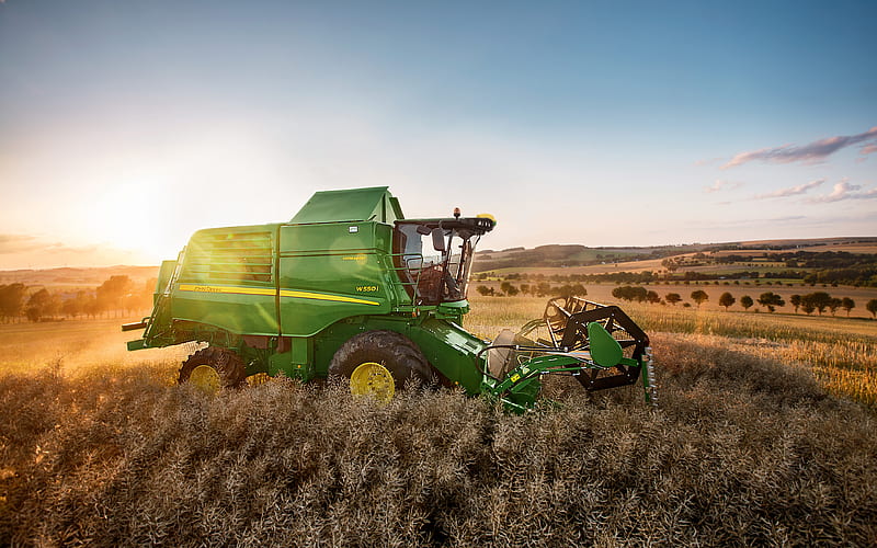 John Deere W550i HillMaster, sunset, combine harvester, 2021 combines, rape harvest, harvesting concepts, agriculture concepts, John Deere, HD wallpaper