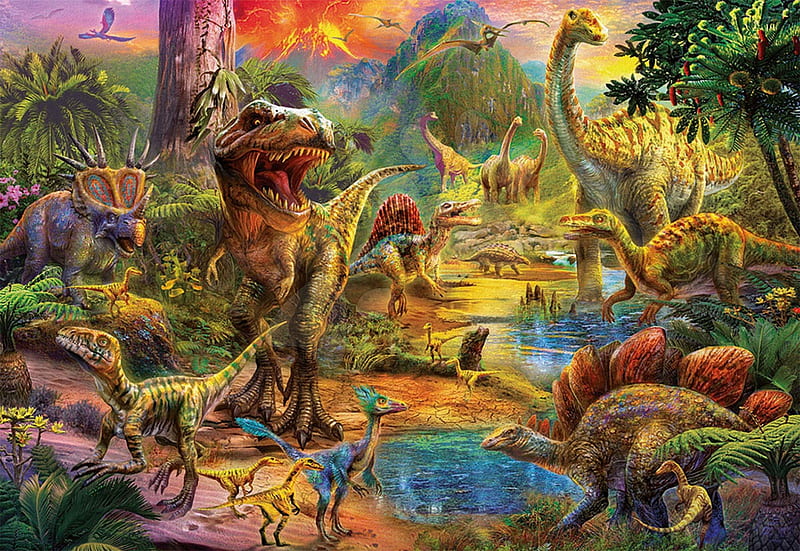 Dino Island, ISLAND, PUZZLE, EDUCATIONAL, DINOS, COLORFUL, HOUSE, HD wallpaper
