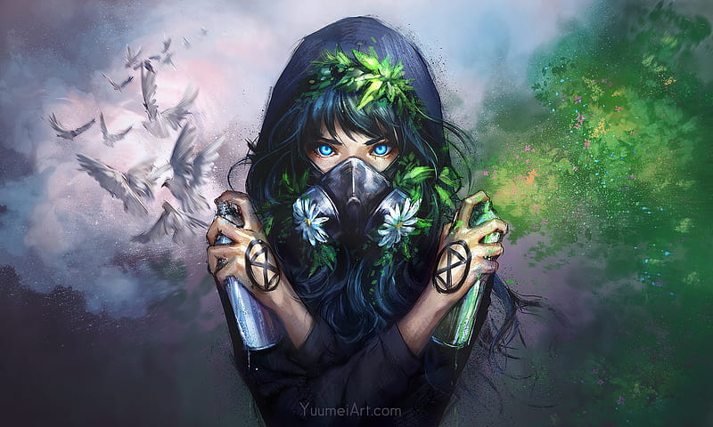 anime girl, riot, hoodie, mask, anonymous, paint, Anime, HD wallpaper