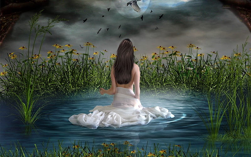 Moon Bath, lovely, clouds, pond, floers, Brunette, fantasy, water, moon, bathing, Woman, evening, lady, HD wallpaper