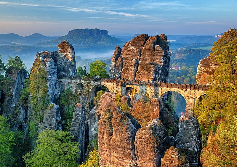 The Bastei Bridge, Saxonia, Germany, rocks, sky, landscape, mountains, HD wallpaper