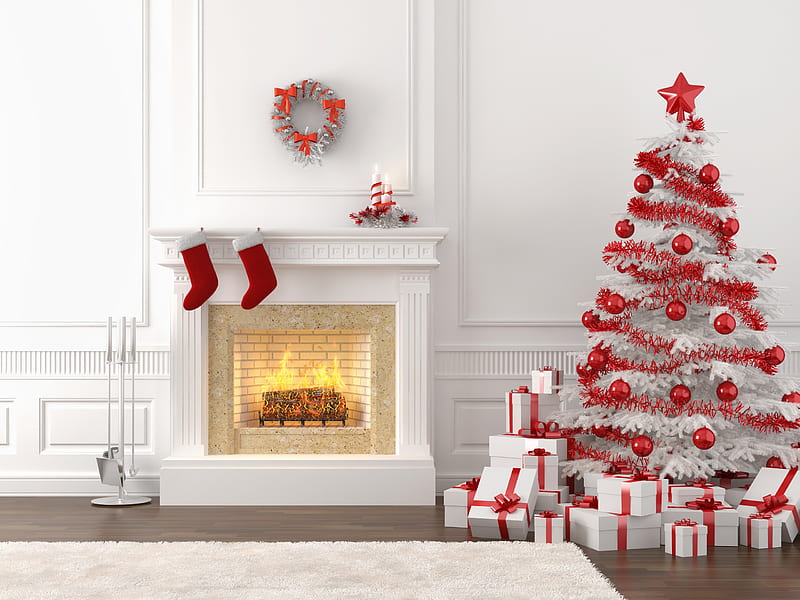 Christmas Tree, architecture, pretty, sparks, interior, magic, ribbons, bows, xmas, happy holidyas, beauty, candle, lovely, holiday, christmas, december, living room, nice others, new year, gift, winter, fire, merry christmas, balls, white, gifts, red, colorful, holidays, homes, socks, bonito, carpet, seasons, fireplace, graphy, decorated, ball, room, globe, christmas decor, desenho, happy new year, sparkles, candles, HD wallpaper