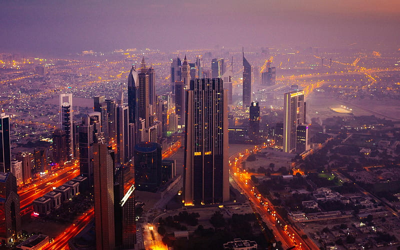Dubai, evening, sunset, cityscape, skyscrapers, modern buildings, UAE, Dubai skyline, HD wallpaper